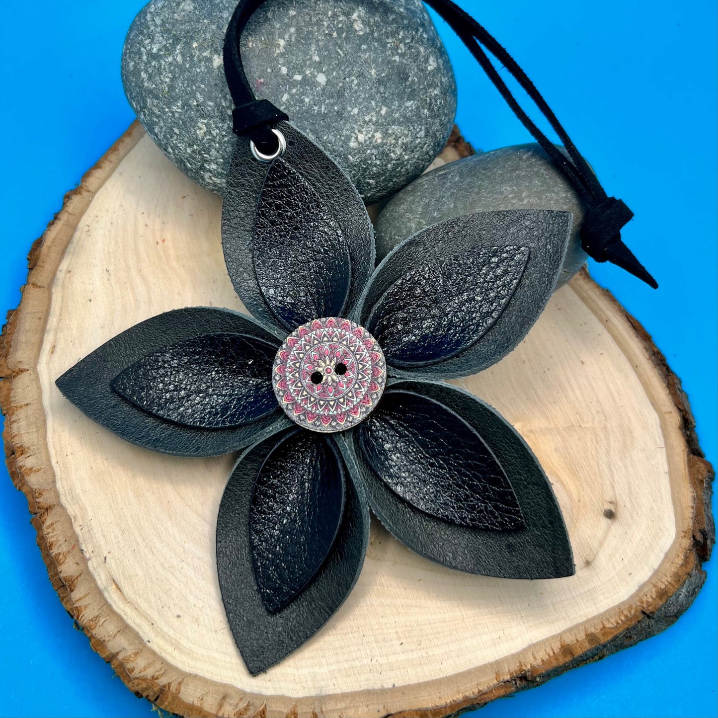 black leather flower bag charm