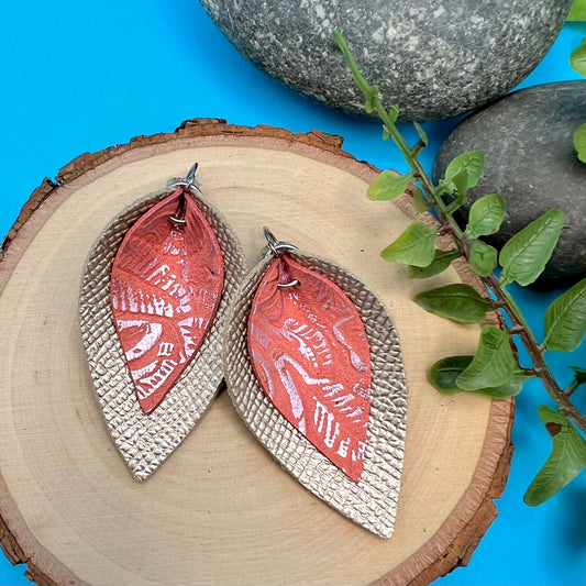 layered leather leaf earrings in pink floral on rose gold