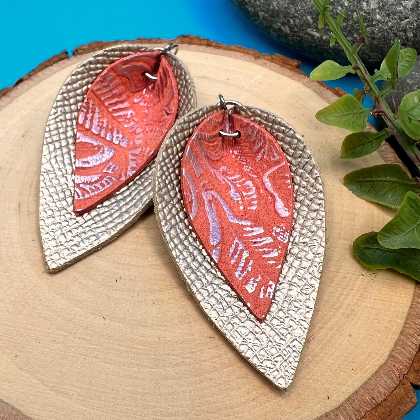 Layered Leather Leaf Earrings - Pink Floral on Rose Gold