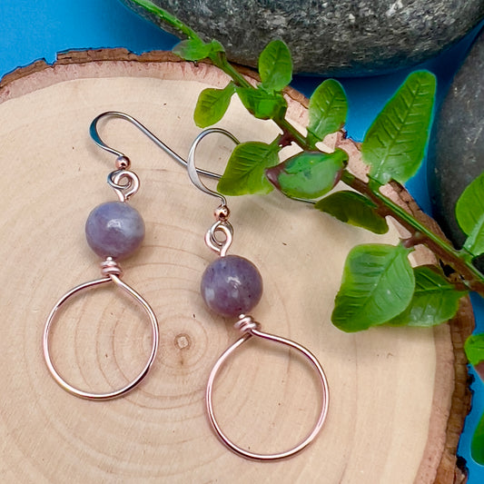 Small Rose Gold Hoop Earrings with Lilac Stone