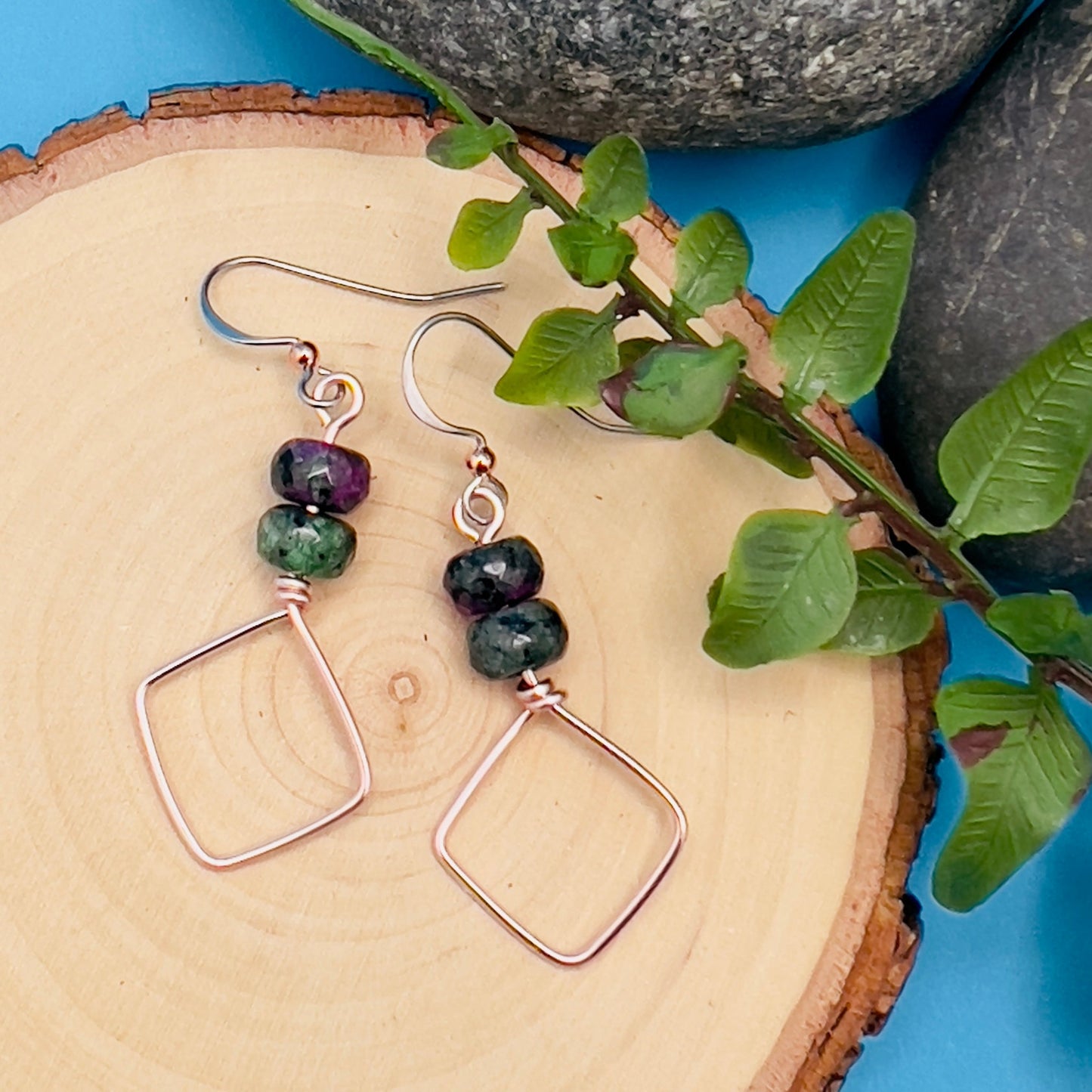 rose gold square dangle hoop earrings with ruby in zoisite