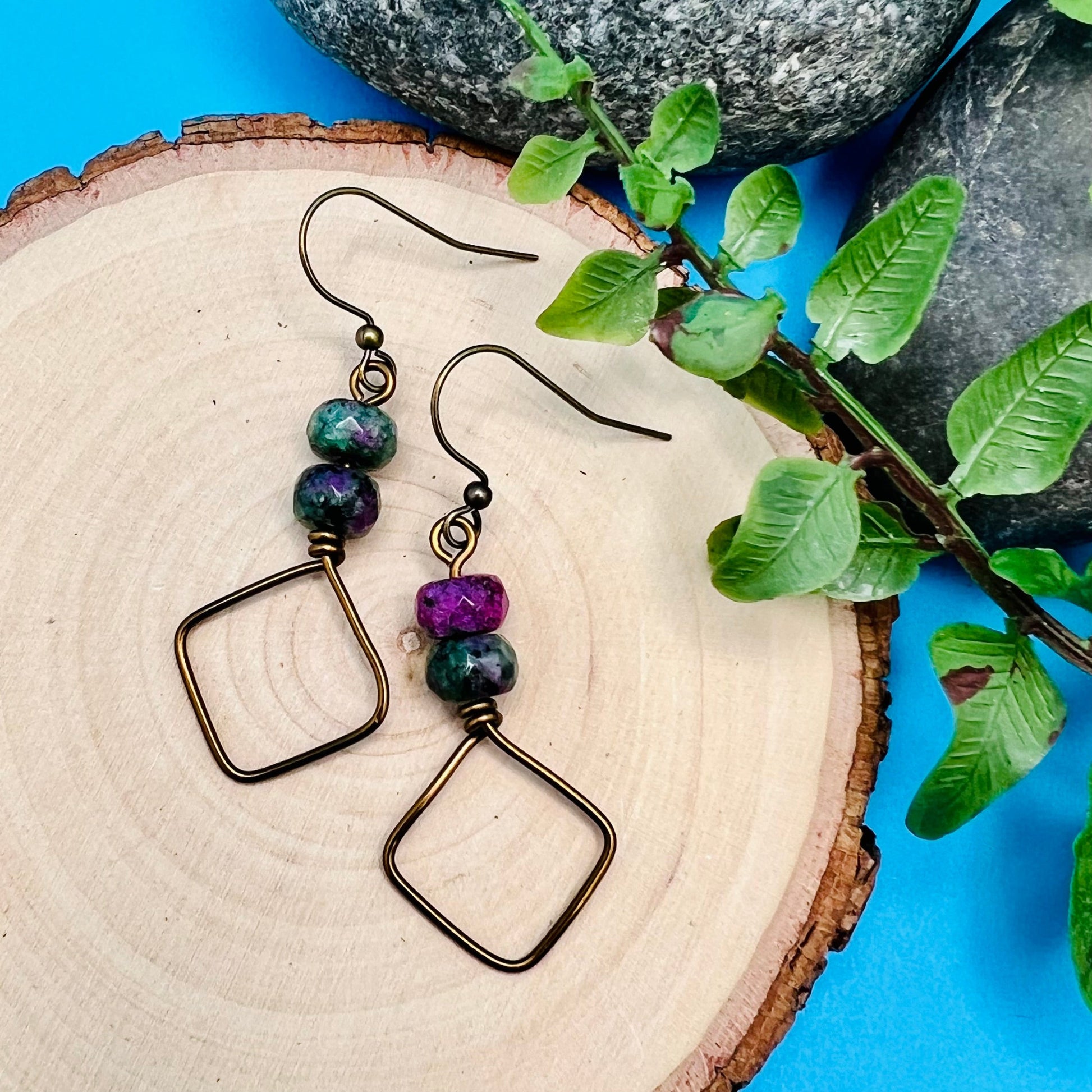 vintage bronze square dangle hoops with ruby zoisite