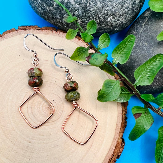 Square Hoop Earrings - Bright Copper with Unakite
