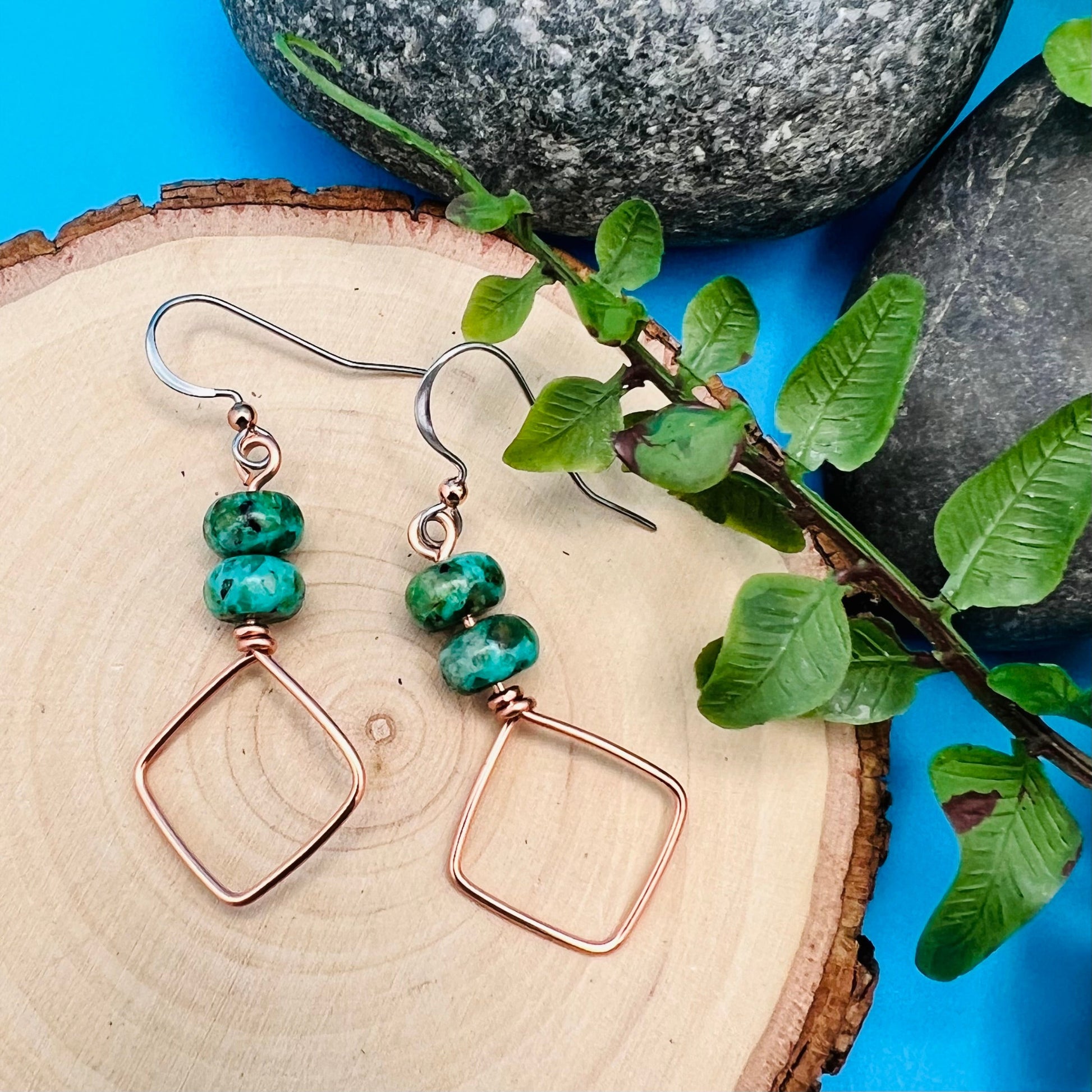 copper hoop earrings with green jasper