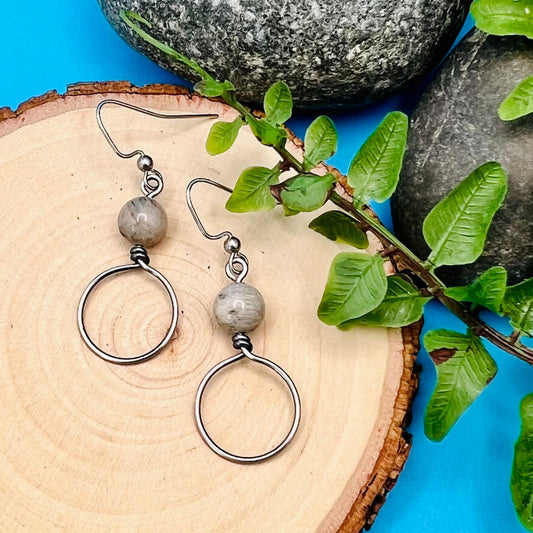 steel gray hoop earrings with feldspar
