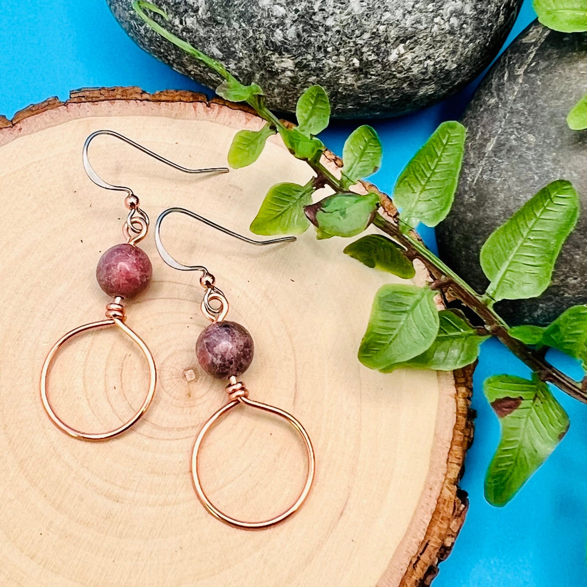 copper dangle hoop earrings with rhodonite