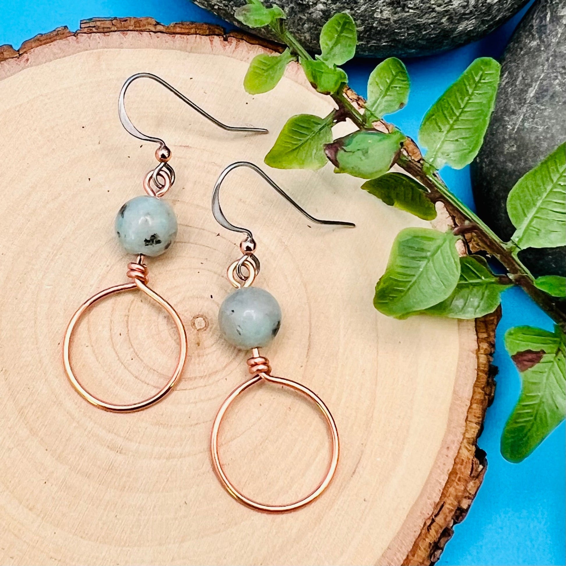 small copper hoop dangle earrings with kiwi jasper