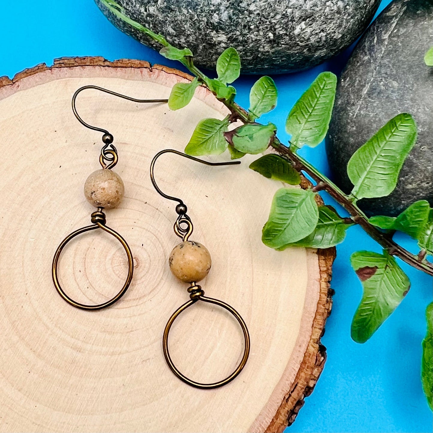 small dangle hoop earrings in vintage bronze and brown jasper