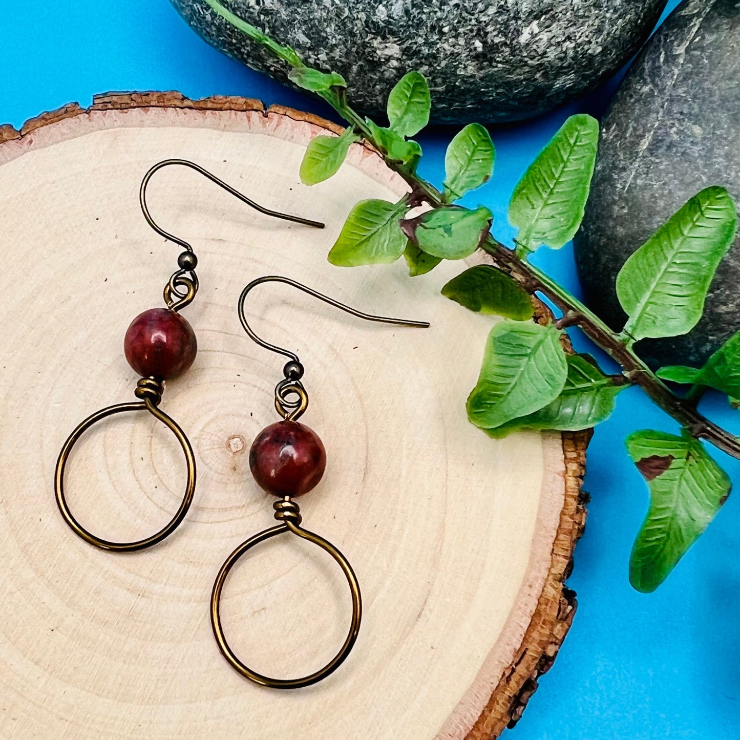 small dangle hoop earrings in vintage bronze and red jasper