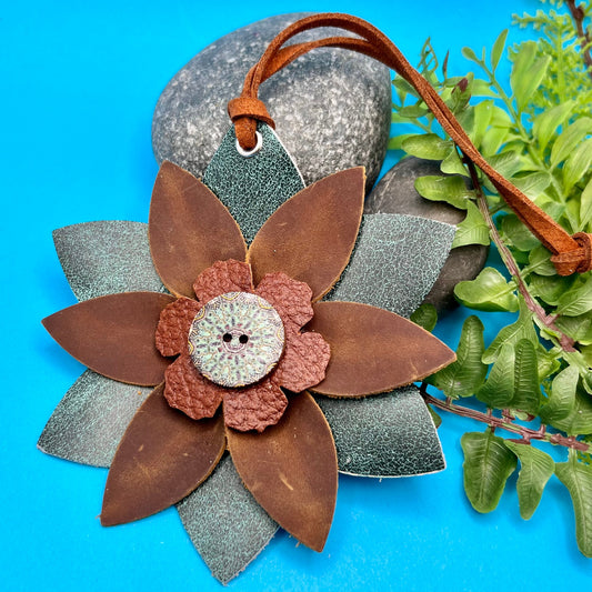 green and brown layered leather flower purse charm