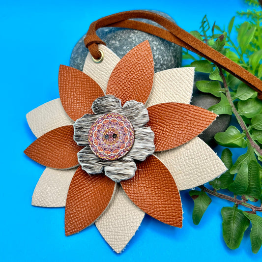 orange and cream leather flower purse charm