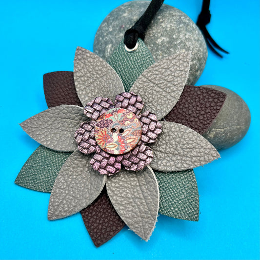 leather purse charm flower in purple, teal and gray