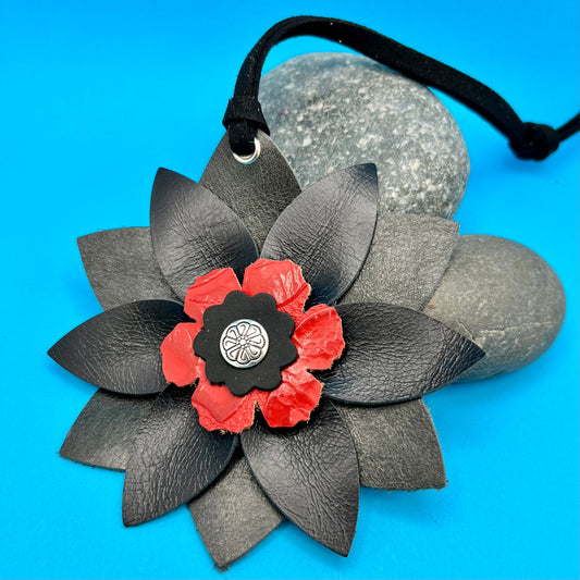 black and gray leather flower purse charm