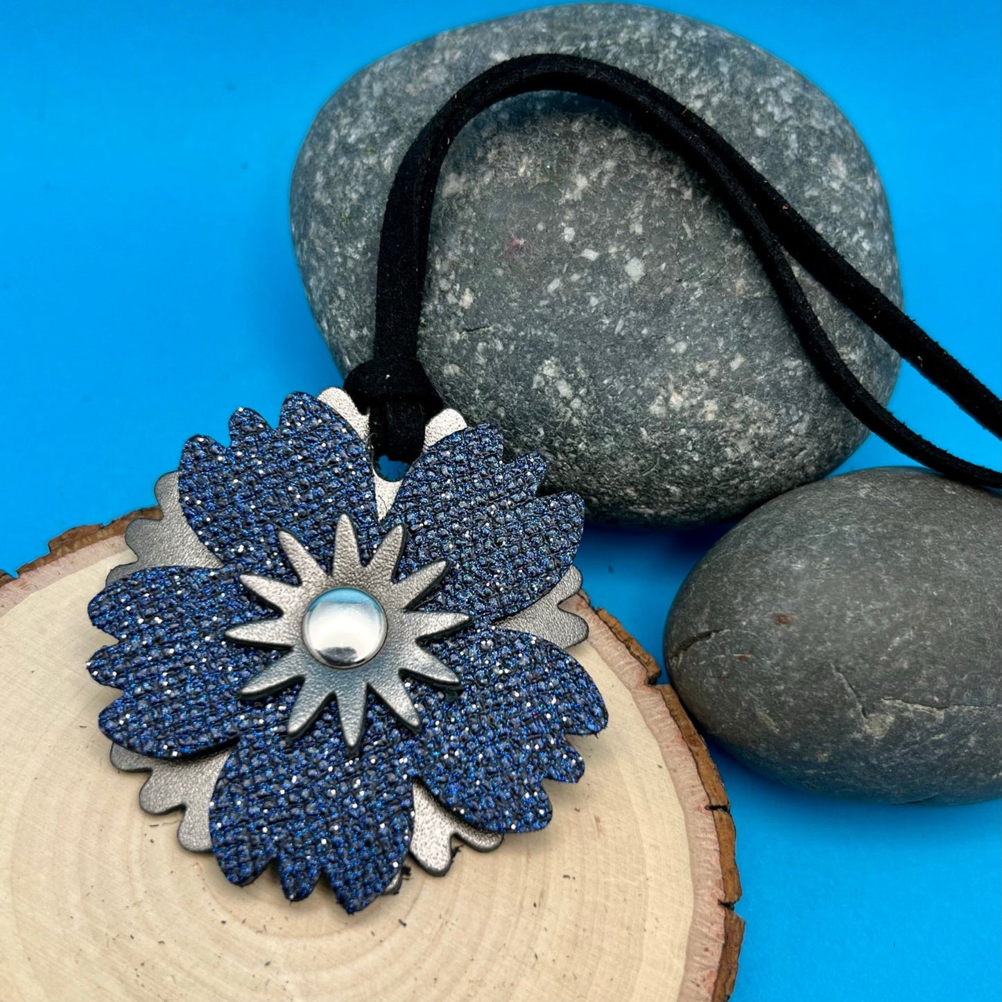 blue shimmer and gunmetal grey small flower purse charm