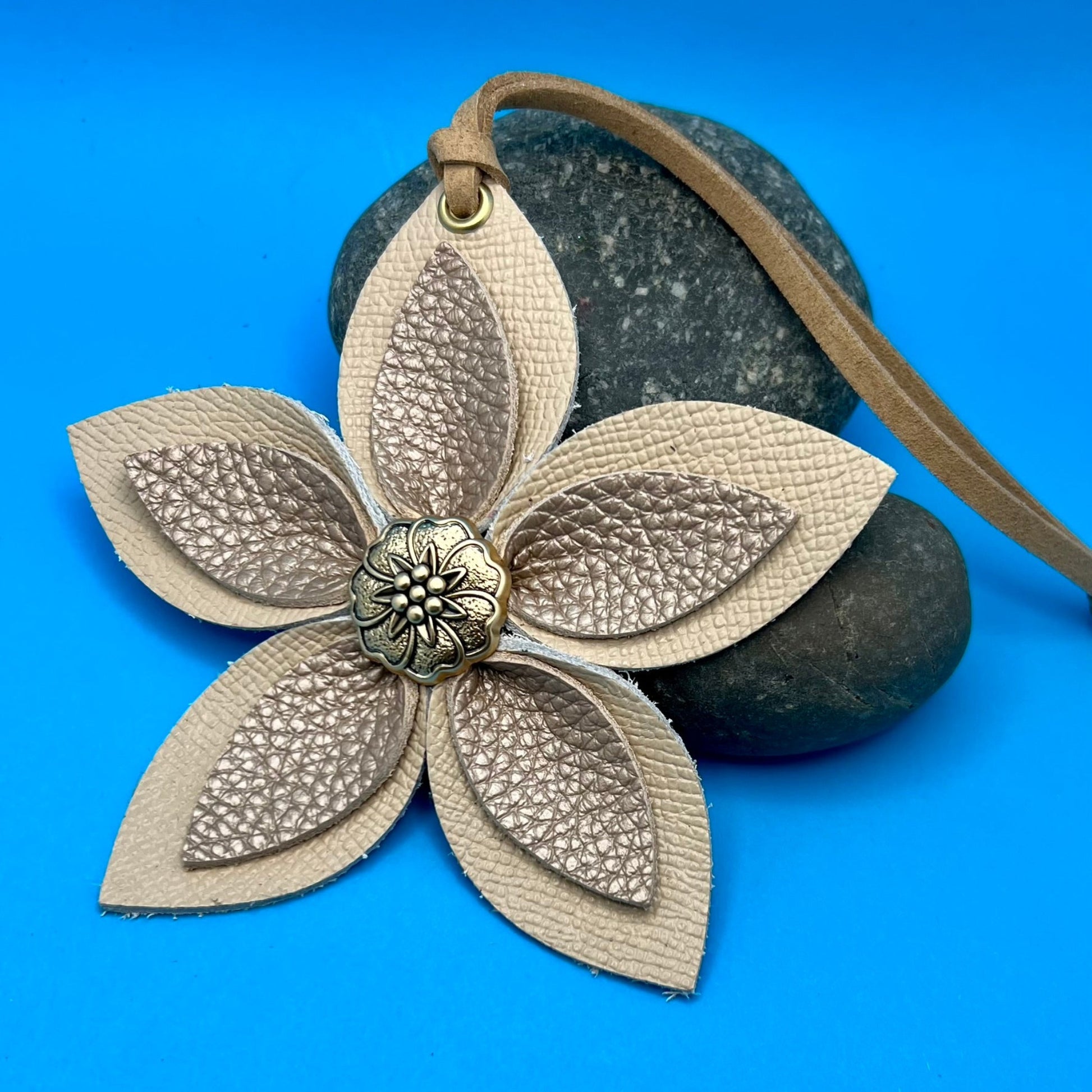 beige and champagne leather flower purse charm