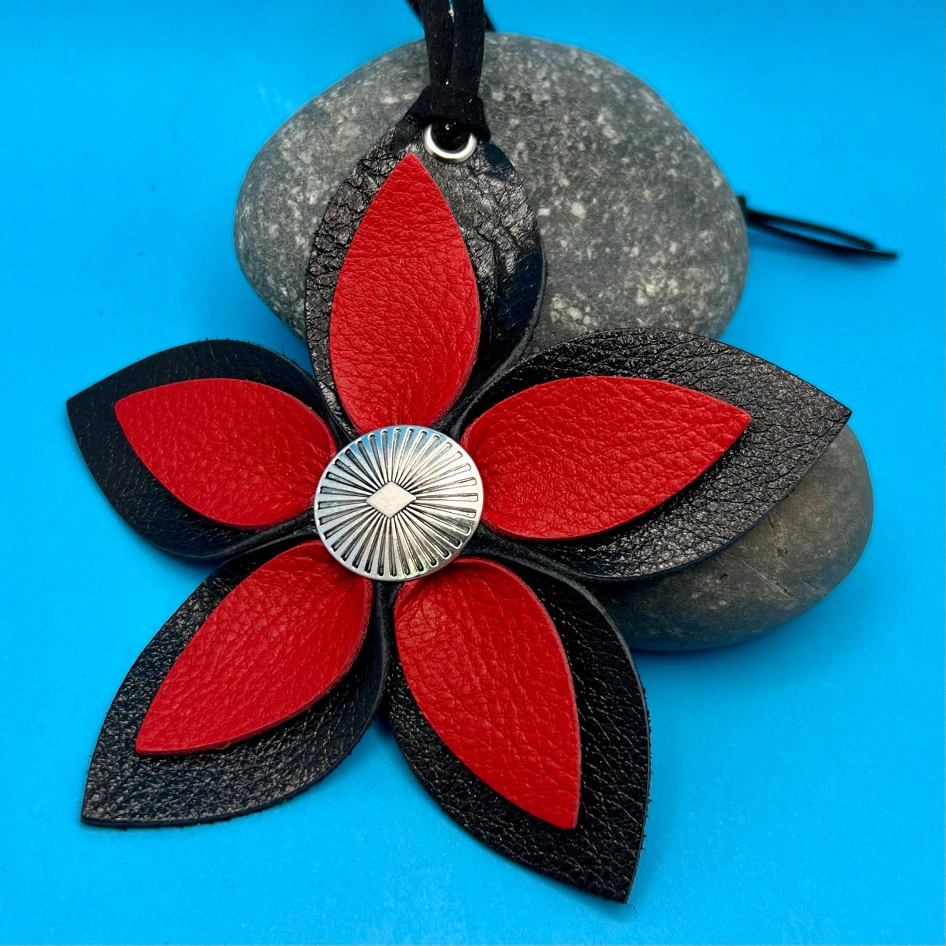 red and black leather flower purse charm