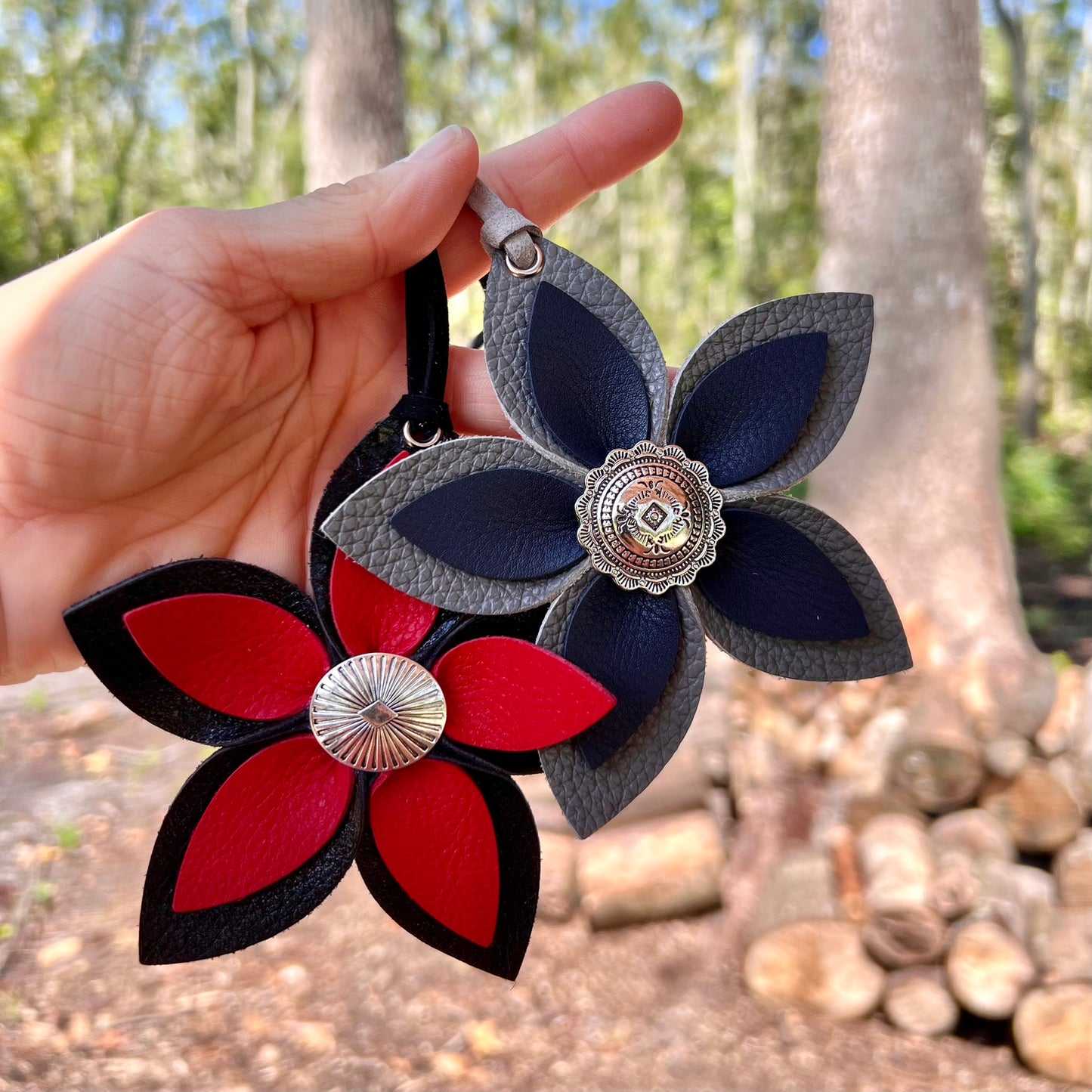 Leather Flower Bag Charm - Large Flower with Loop - Red and Black
