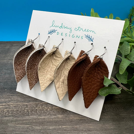 Leather Leaf Earrings Trio Gift Set - Brown and Cream