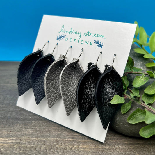 small leather leaf earrings in navy, black and gray