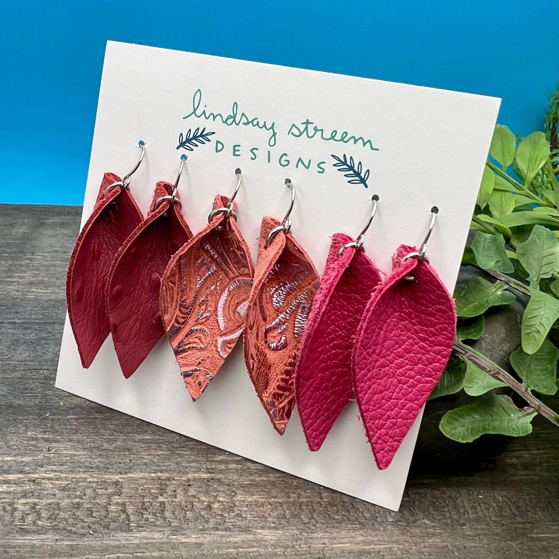 small pink leather leaf earrings gift set