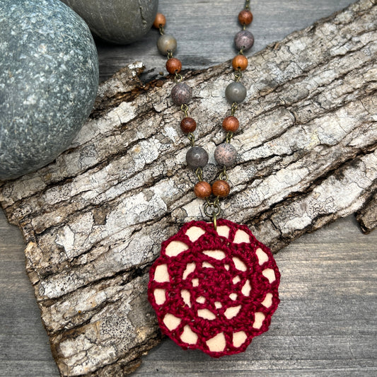 Boho Crochet Pendant Statement Necklace -  Small Pendant in Burgundy Red with Crazy Horse Stone
