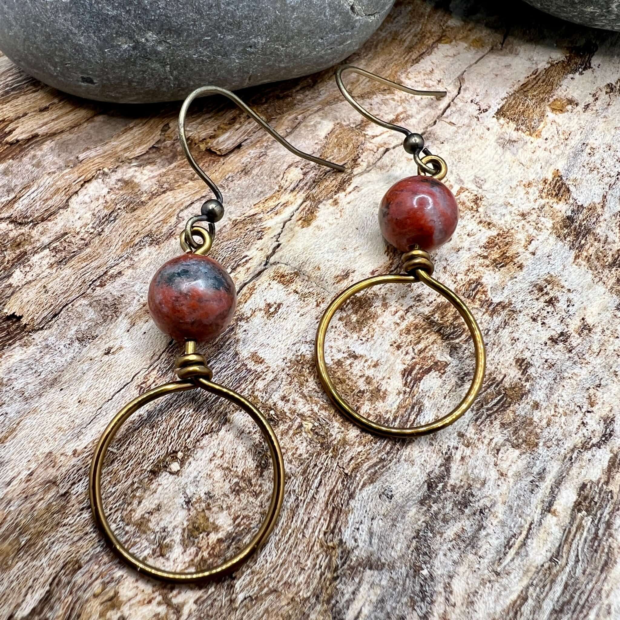 Dangle Hoop Earrings in Vintage Bronze with Red Sesame Jasper