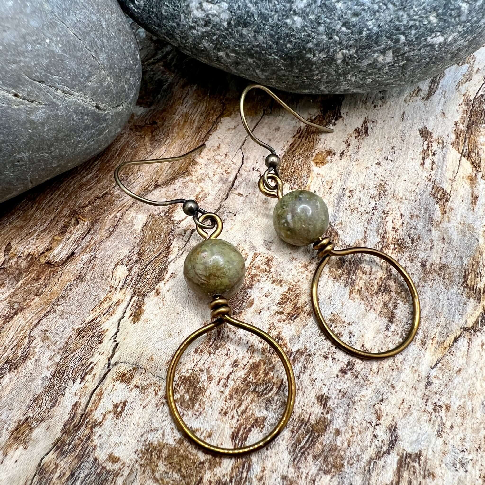 Dangle Hoop Earrings in Vintage Bronze with Autumn Jasper