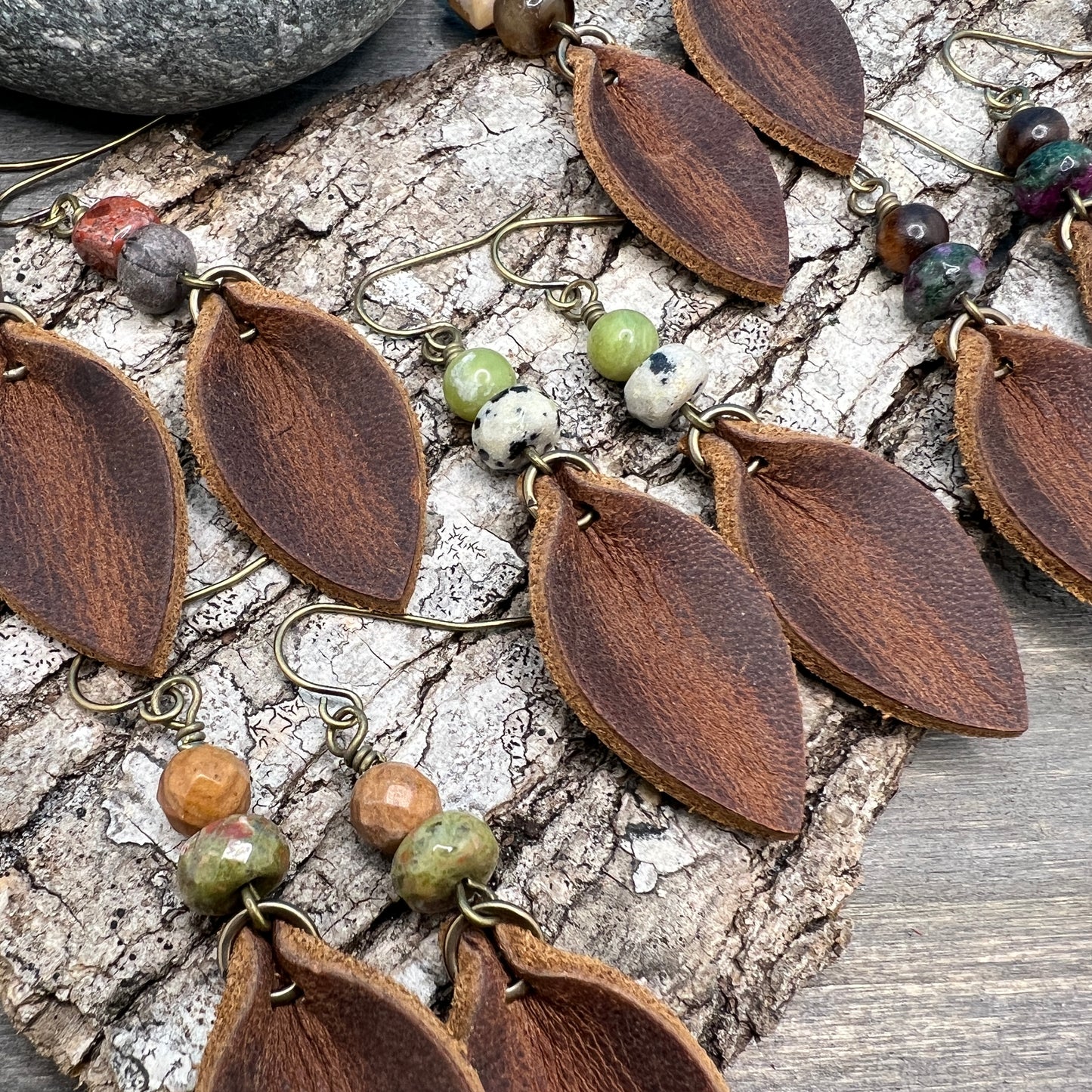 Leather Petal and Natural Stone Dangle Earrings - Brown