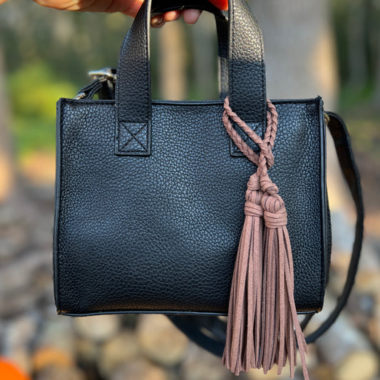 Bag Charm with Double Tassel for Purses & Totes Faux Suede Leather