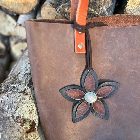 Leather Flower Bag Charm - Large Flower with Loop - Rustic Black and Brown