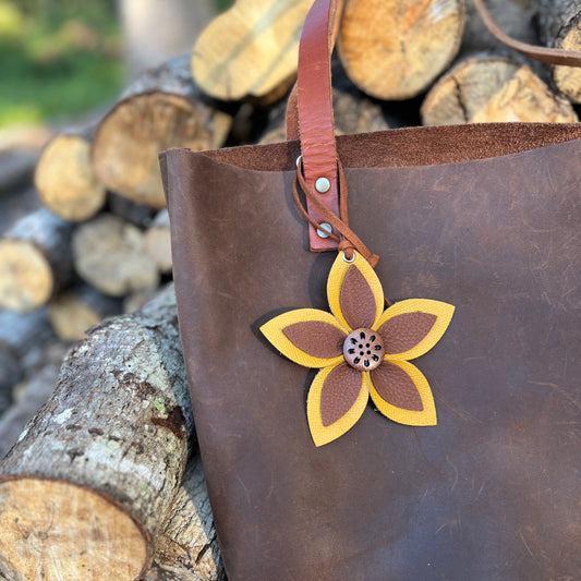 Leather Flower Bag Charm - Large Flower with Loop - Sunflower