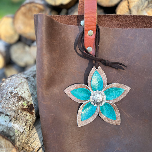 Leather Flower Bag Charm - Large Flower with Loop - Distressed Brown and Turquoise