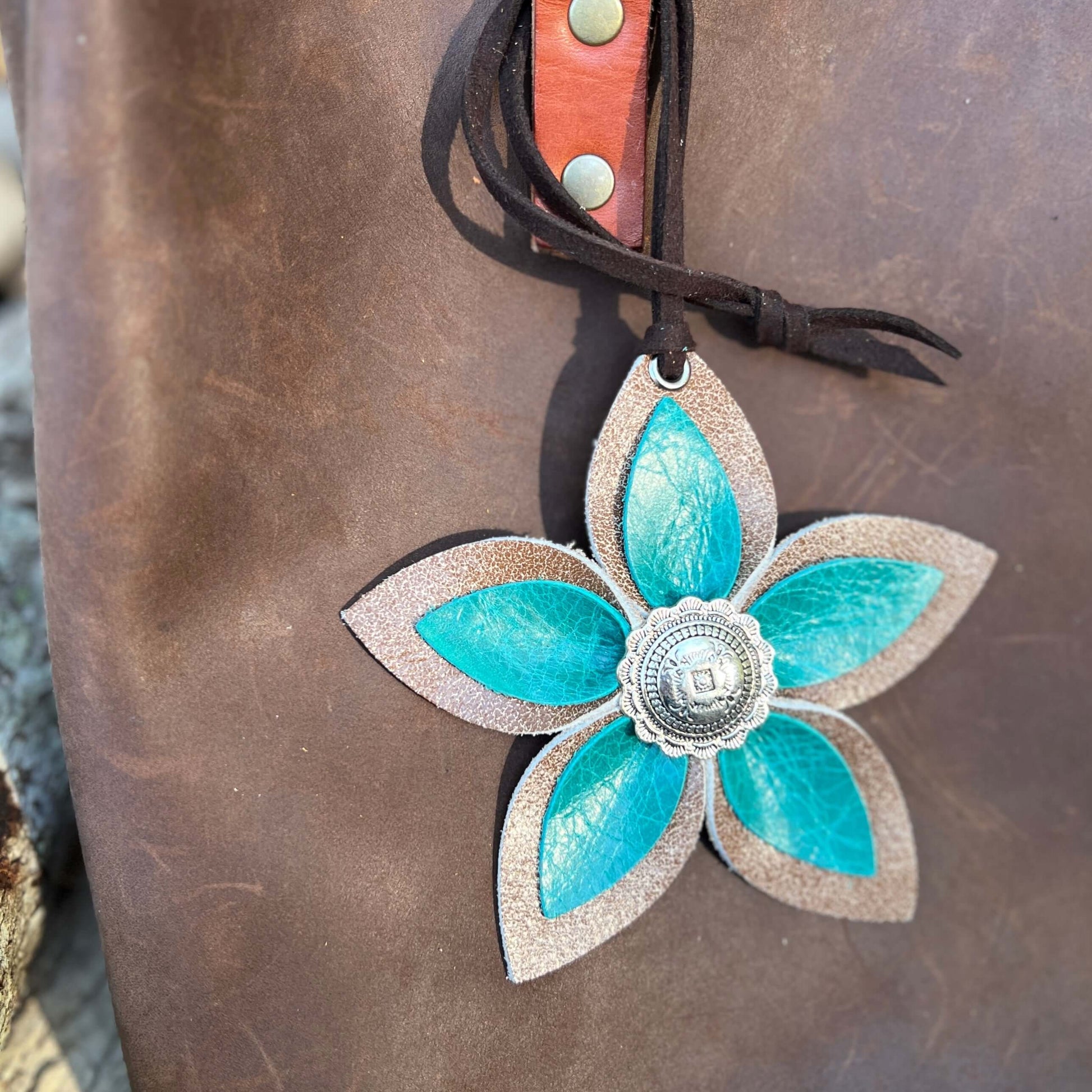 Leather Flower Bag Charm - Large Flower with Loop - Distressed Brown and TurquoiseLeather purse charms are a great way to update your handbag, purse or tote. Each flower is crafted with leather petals securely sewn and glued together and accented with but