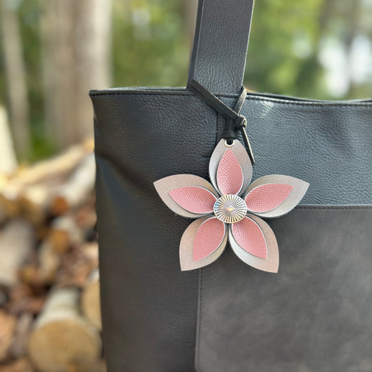 Leather Flower Bag Charm - Large Flower with Loop - Gunmetal and Blush Pink