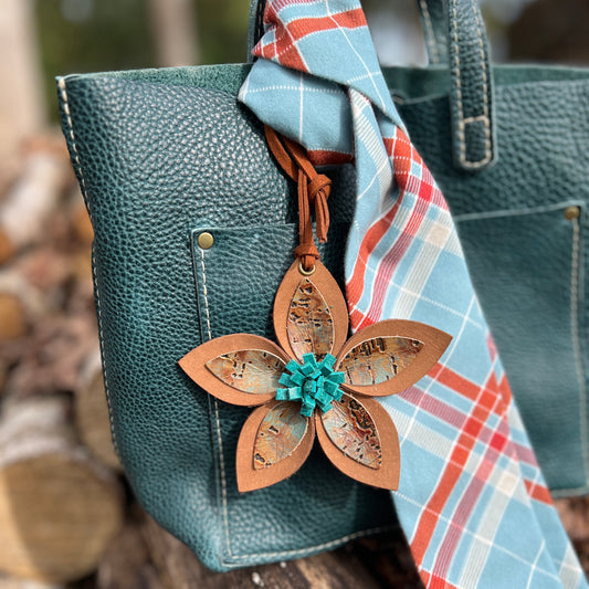 Leather Flower Bag Charm - Large Flower with Loop - Tan and Turquoise