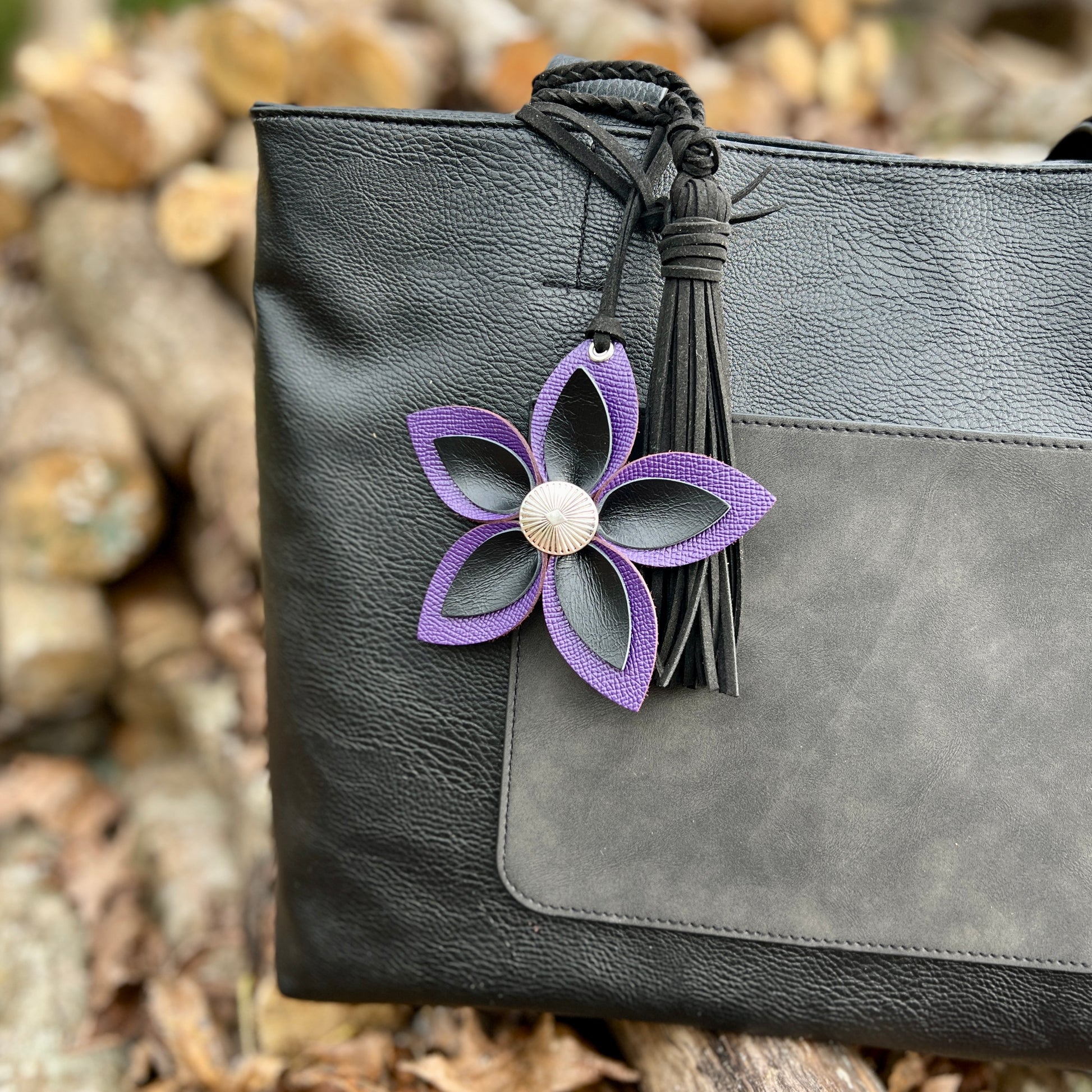 deep purple and black genuine leather flower purse charm