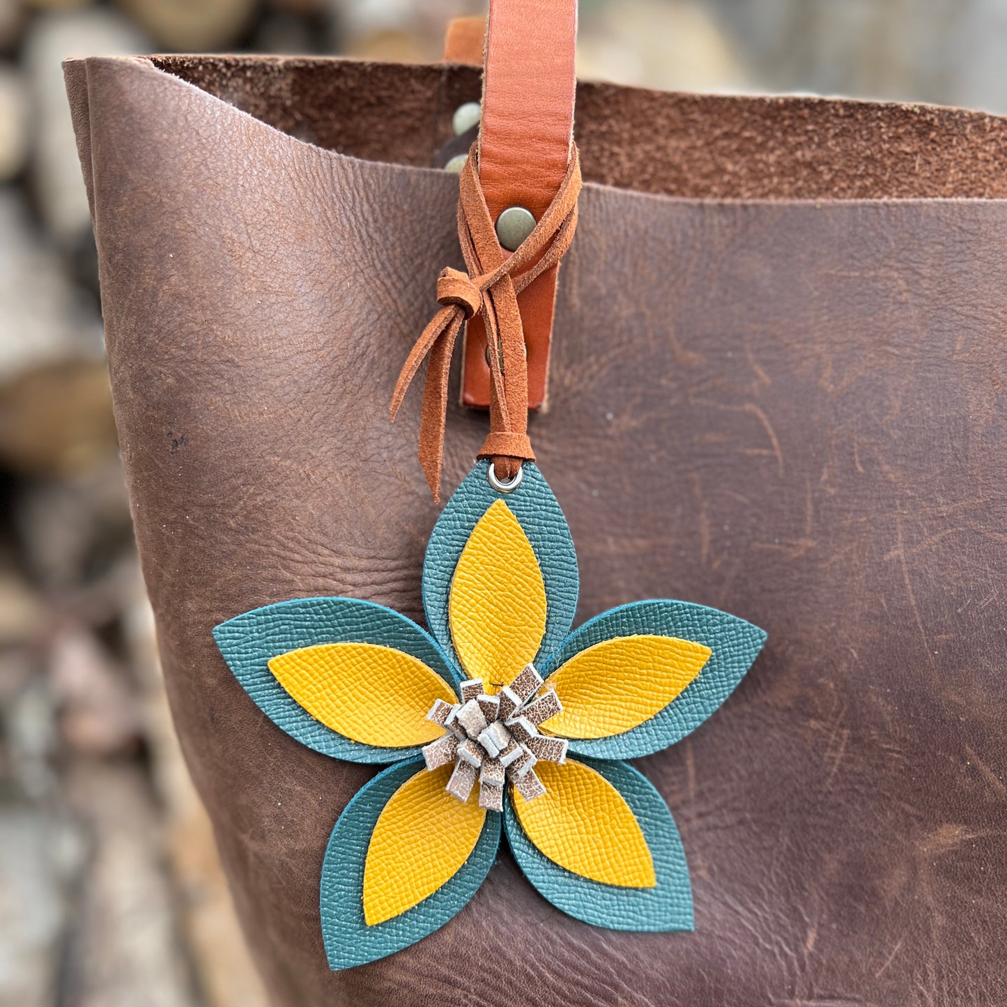 Leather Flower Bag Charm - Large Flower with Loop - Teal, Golden Yellow and Brown