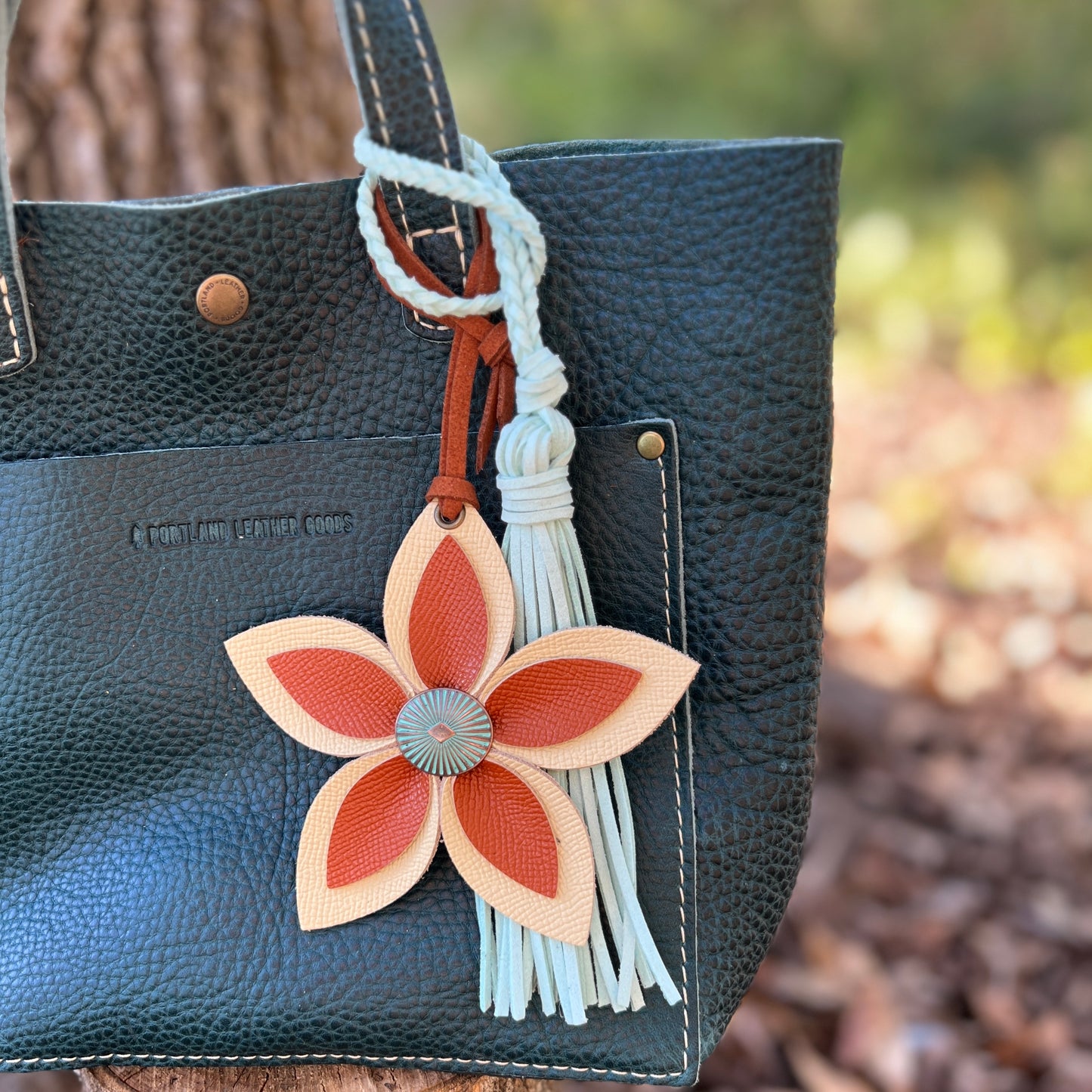 Leather Flower Bag Charm - Large Flower with Loop - Buttercream and Orange