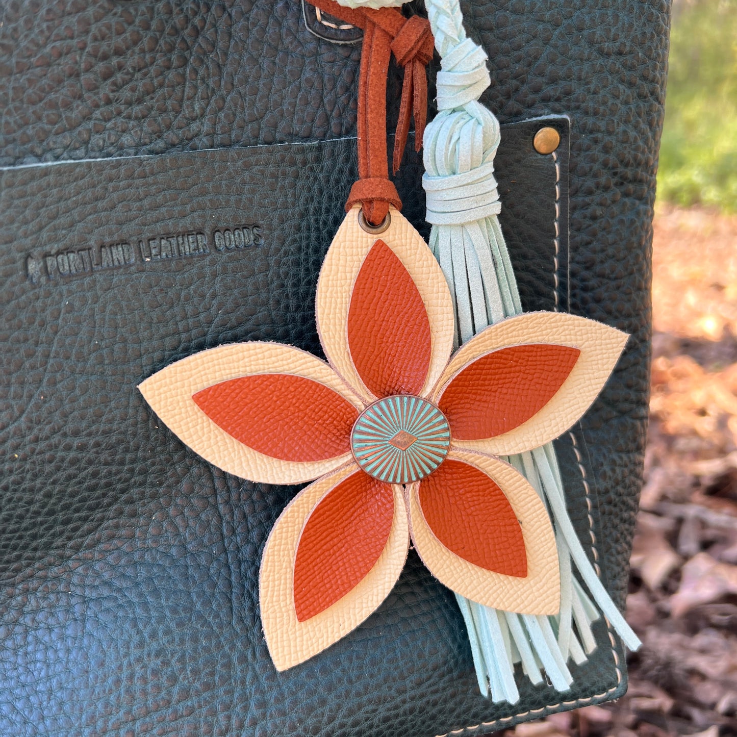 Leather Flower Bag Charm - Large Flower with Loop - Buttercream and Orange