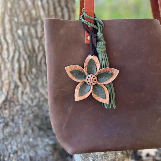 Leather Flower Bag Charm - Large Flower with Loop - Olive Green on Distressed Tan