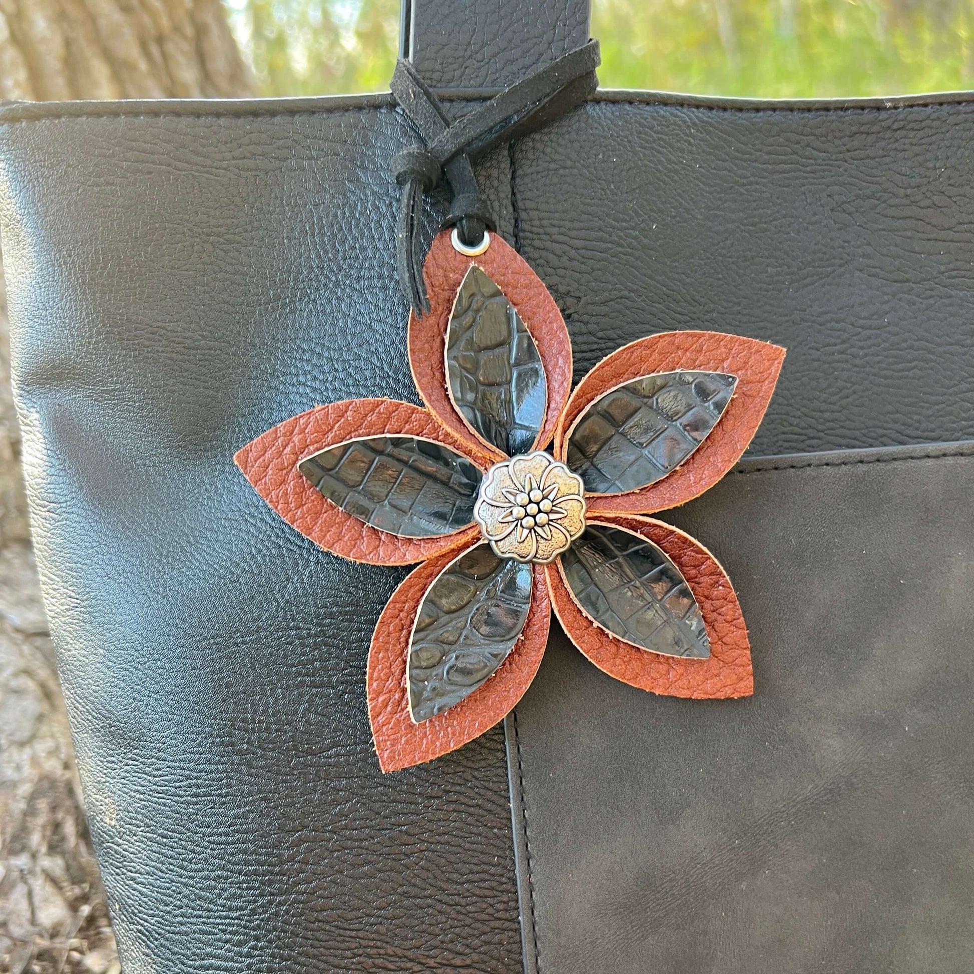 Leather Flower Bag Charm - Large Flower with Loop -Black Croc on BrownLeather purse charms are a great way to update your handbag, purse or tote. Each flower is crafted with leather petals securely sewn and glued together and accented with buttons in the