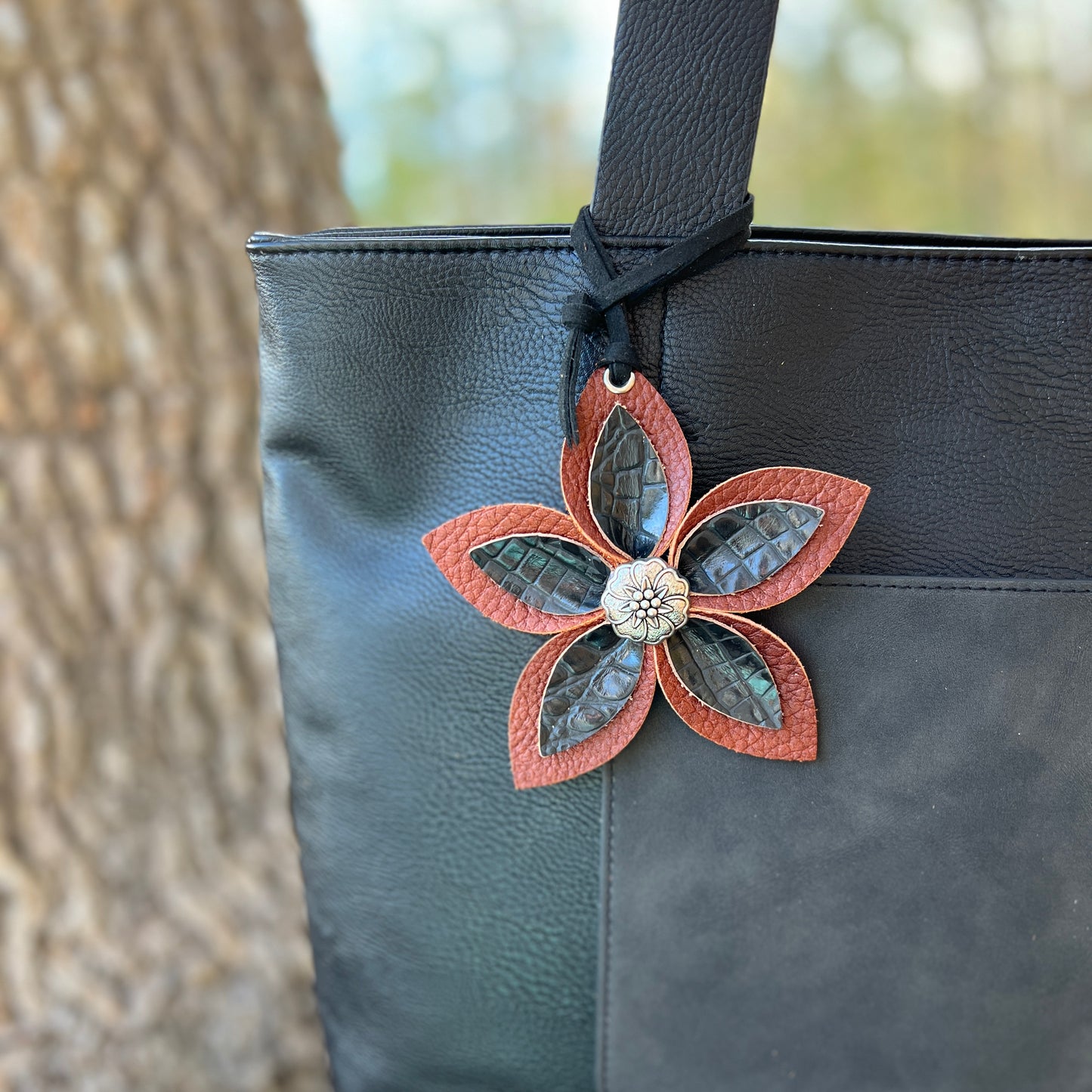 Leather Flower Bag Charm - Large Flower with Loop -Black Croc on Brown