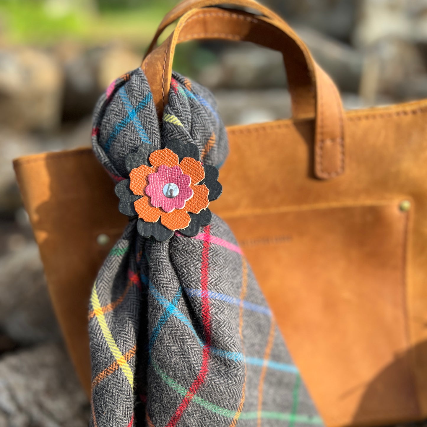 Fall Flannel Purse Scarf and Leather Flower Ring Gift Set