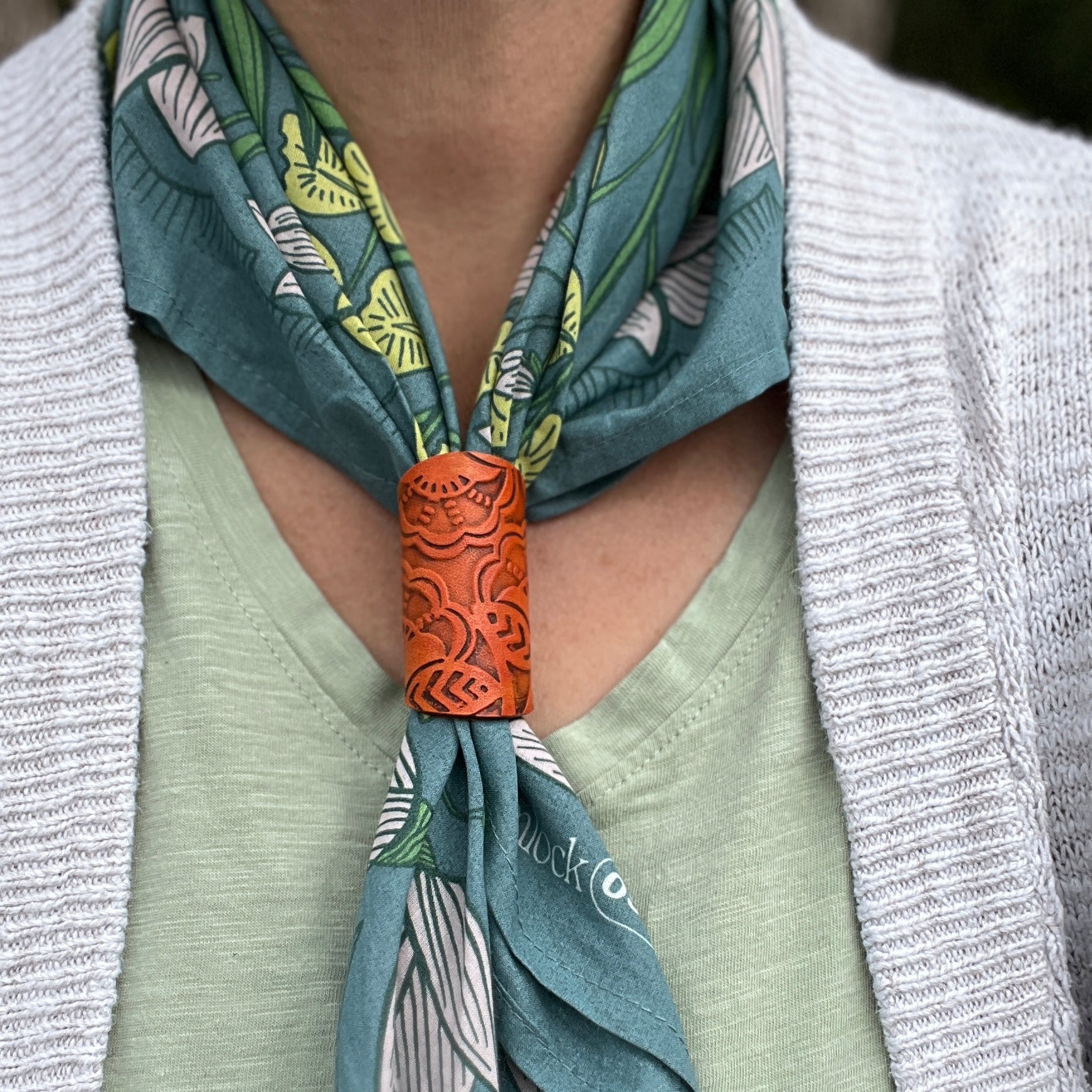 genuine leather bandana slide with floral embossed print