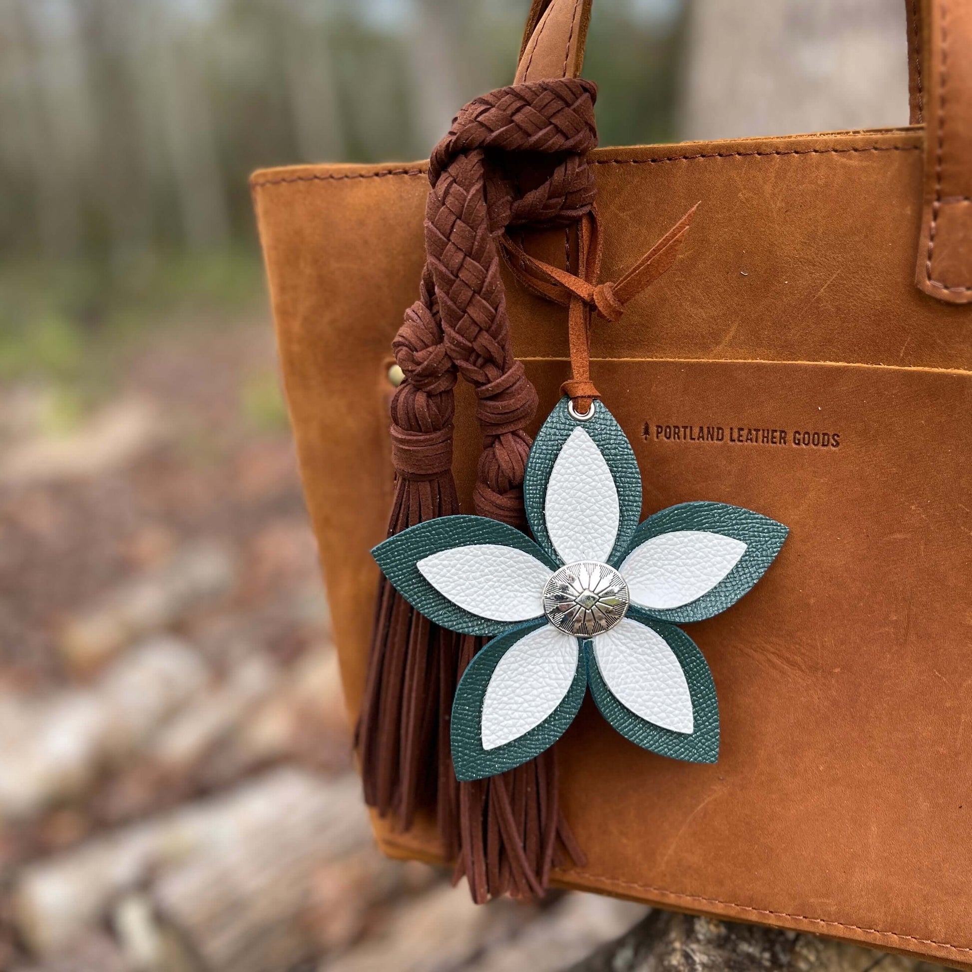 Leather Flower Bag Charm - Large Flower with Loop - Teal and WhiteLeather purse charms are a great way to update your handbag, purse or tote. Each flower is crafted with leather petals securely sewn and glued together and accented with buttons in the cent