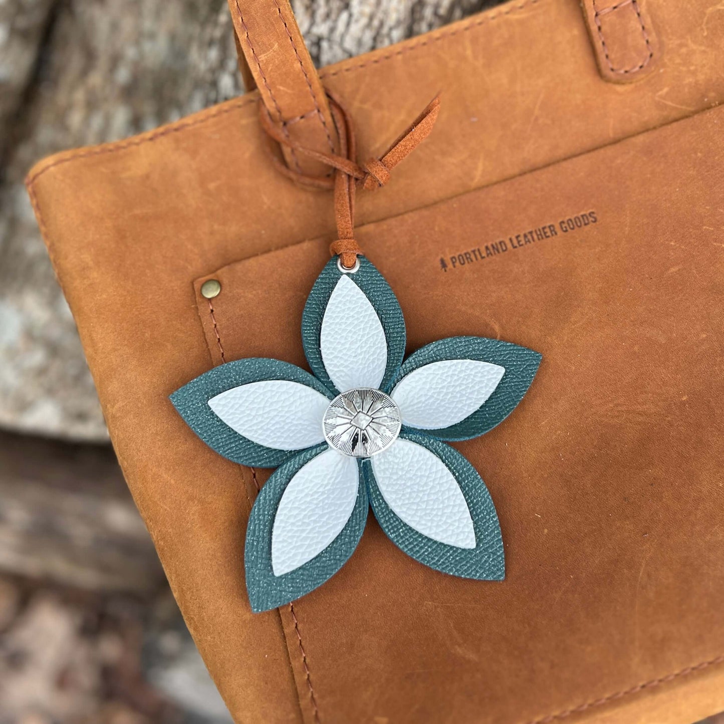 Leather Flower Bag Charm - Large Flower with Loop - Teal and WhiteLeather purse charms are a great way to update your handbag, purse or tote. Each flower is crafted with leather petals securely sewn and glued together and accented with buttons in the cent