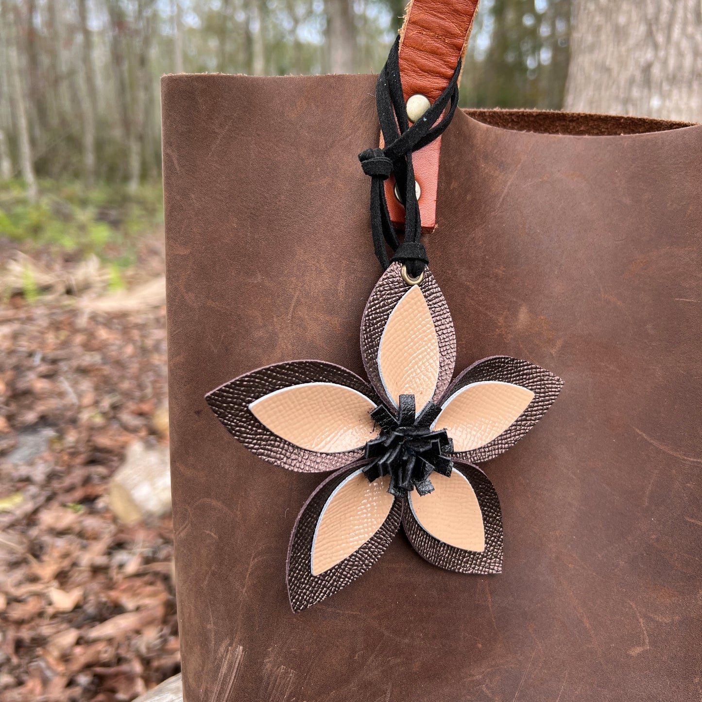 Leather Flower Bag Charm - Large Flower with Loop -Brown Metallic, Cream and Black