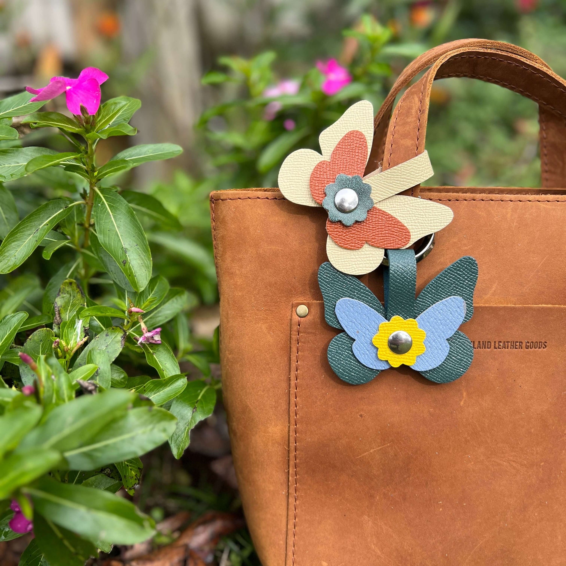 brown leather backpack with embroidered butterflies Butterfly Purse Charm