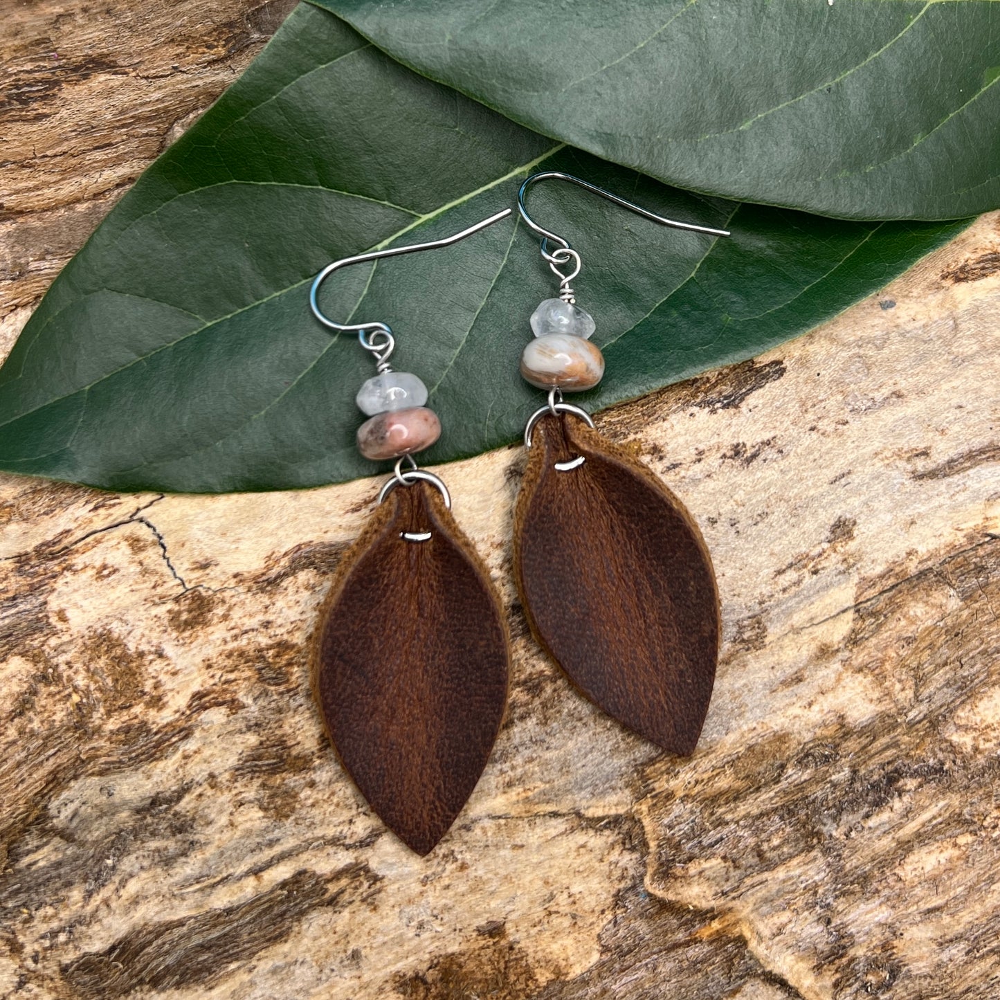 Leather Petal and Natural Stone Dangle Earrings - Spring Colors