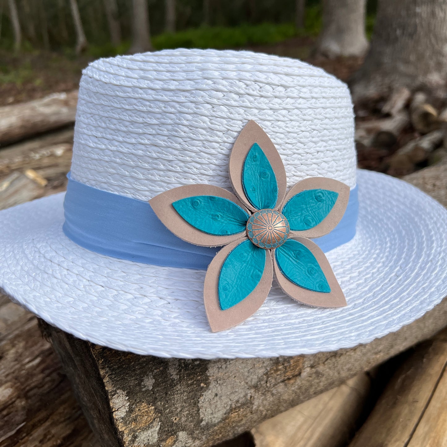 Leather Flower Brooch Pin for Hats, Lapels and Handbags - Bright Turquoise and Natural Tan